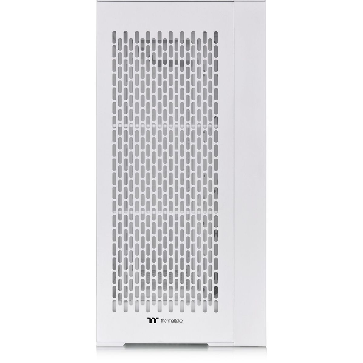 Pannello frontale bianco di un case per computer con un rettangolo forato per il flusso d'aria e una superficie bianca.