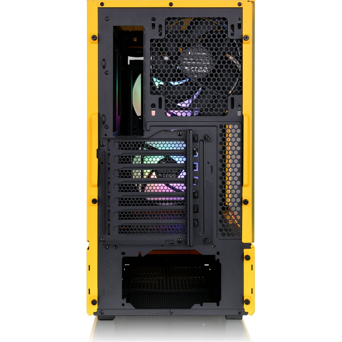 Un case per computer giallo è mostrato dal retro. Ha una ventola, varie aperture e un interno colorato.