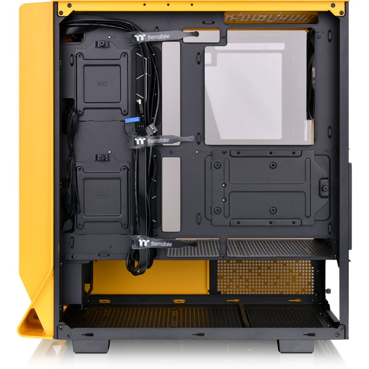 Viene mostrato l'interno di un case per computer giallo. Il case ha componenti neri e dettagli gialli.