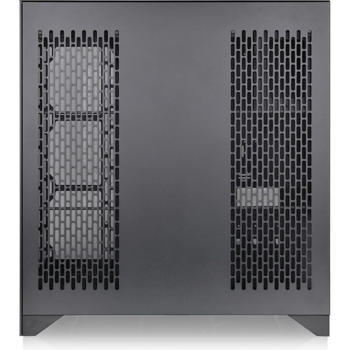 Vista frontale di un case per computer grigio scuro. Ha un pannello centrale solido e pannelli laterali a rete.