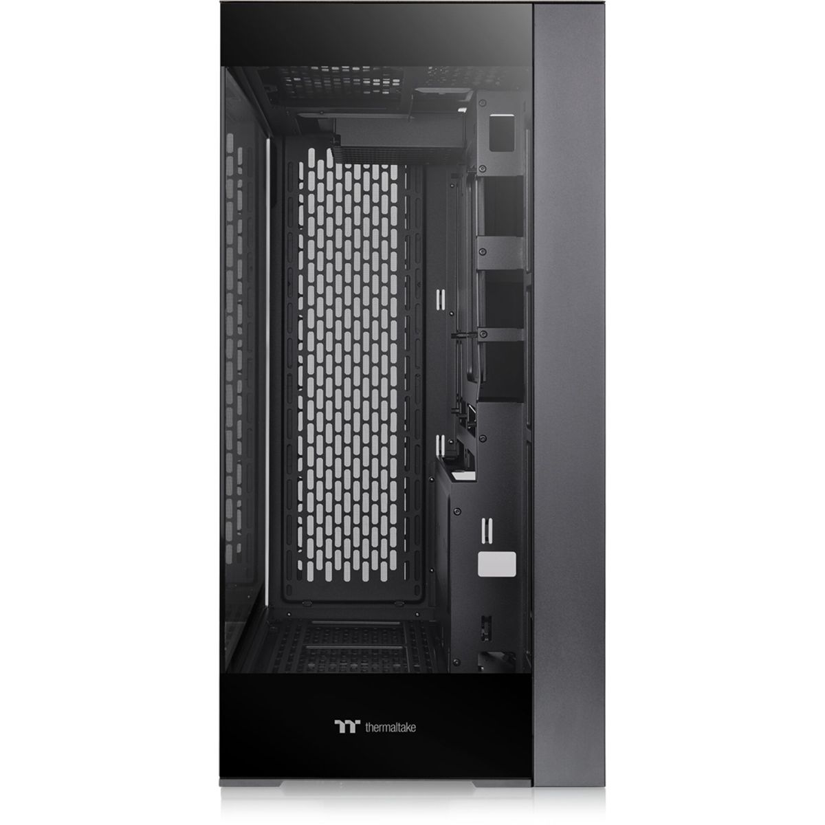 Un case per computer nero. Mostra l'interno, un pannello laterale trasparente e il logo Thermaltake in basso.
