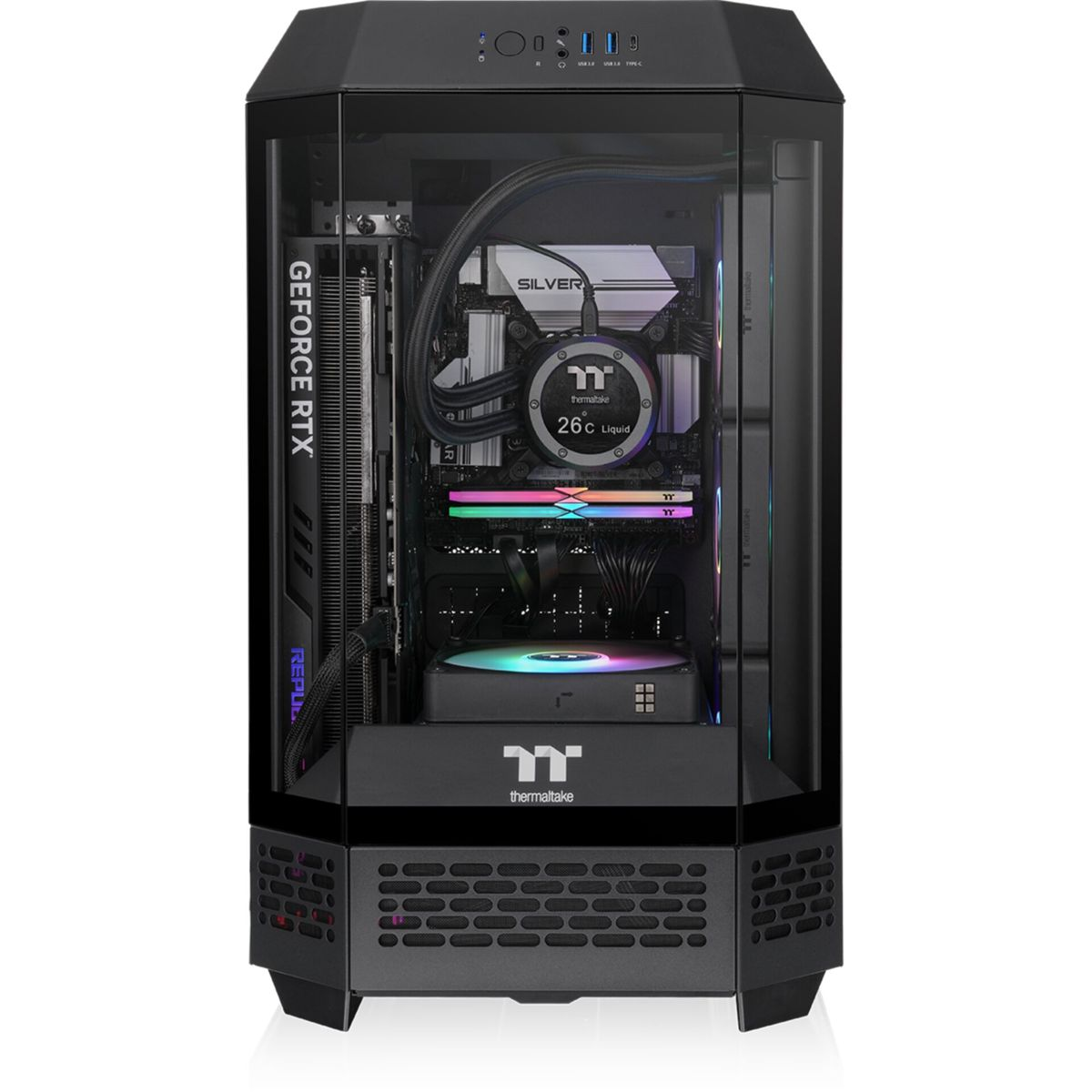 Un PC completamente assemblato all'interno di un case nero con frontale in vetro. Mostra componenti come GPU e raffreddamento a liquido.