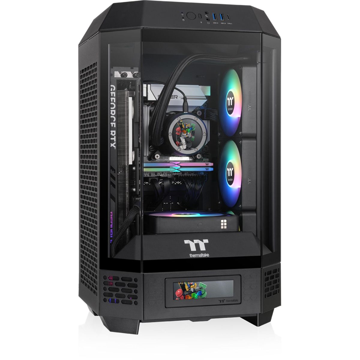 Case per computer nero con frontale e lato in vetro. L'interno include componenti e ventole con luci.