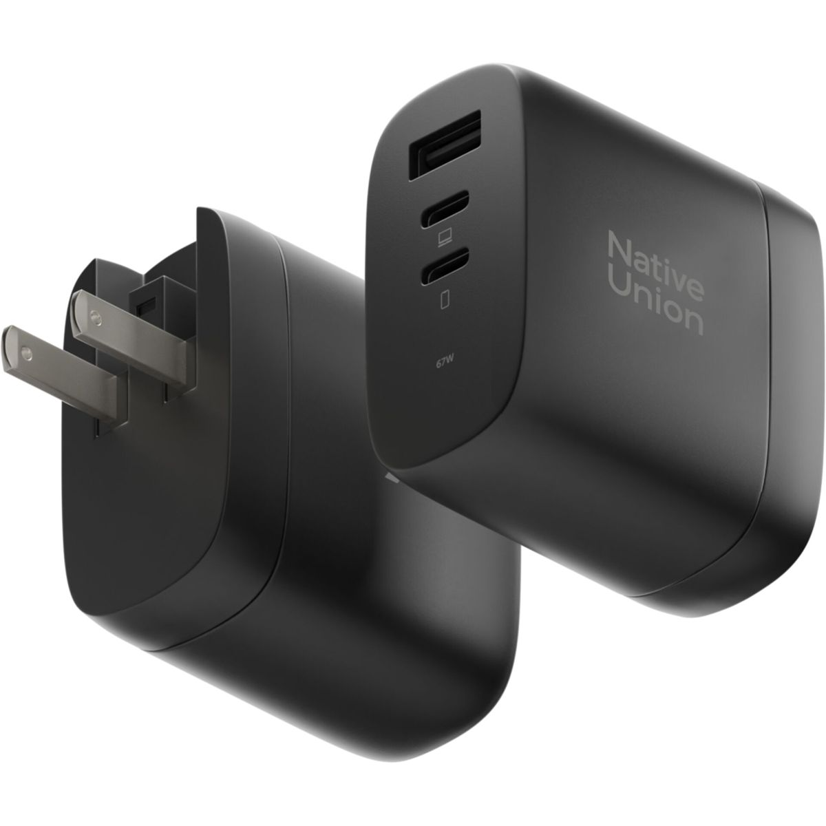 Adattatore di alimentazione nero con 2 porte USB. Il marchio Native Union è sul lato.