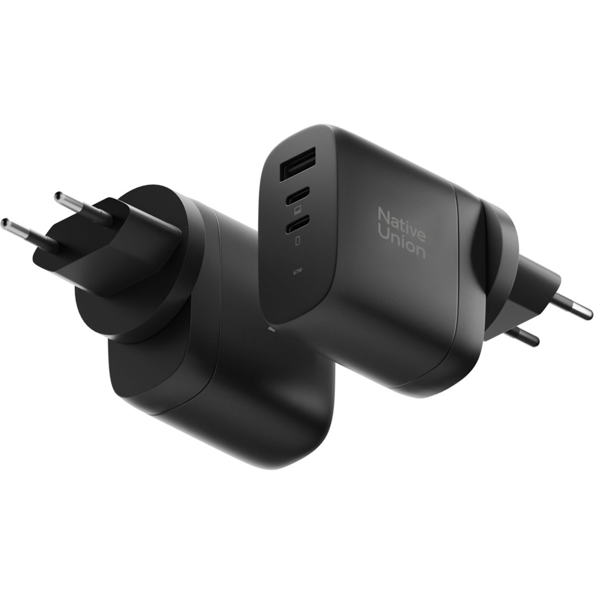 Adattatore di alimentazione nero con 2 porte USB. Il marchio Native Union è sul lato.