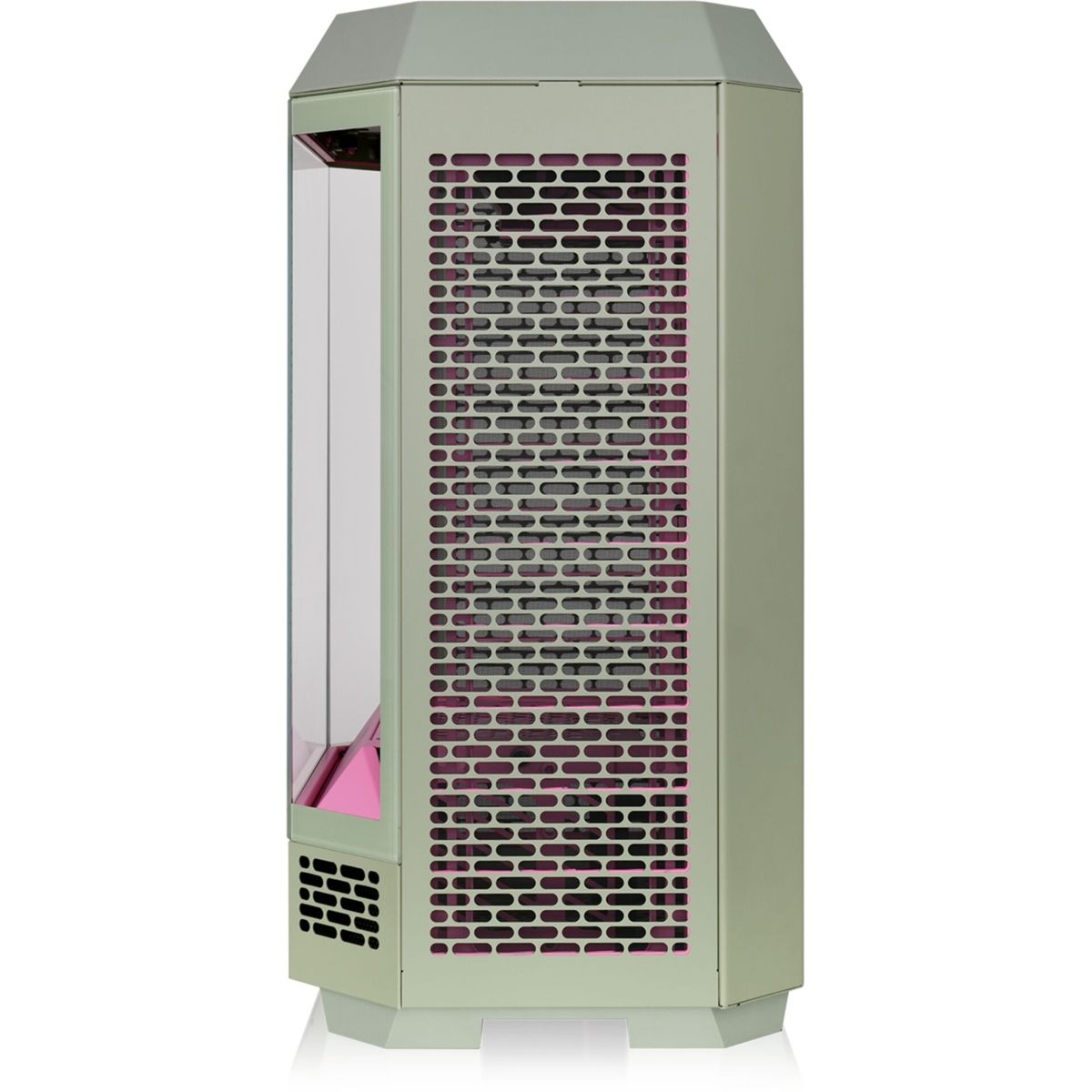 Un case per computer. Ha un esterno verde chiaro e un interno rosa.