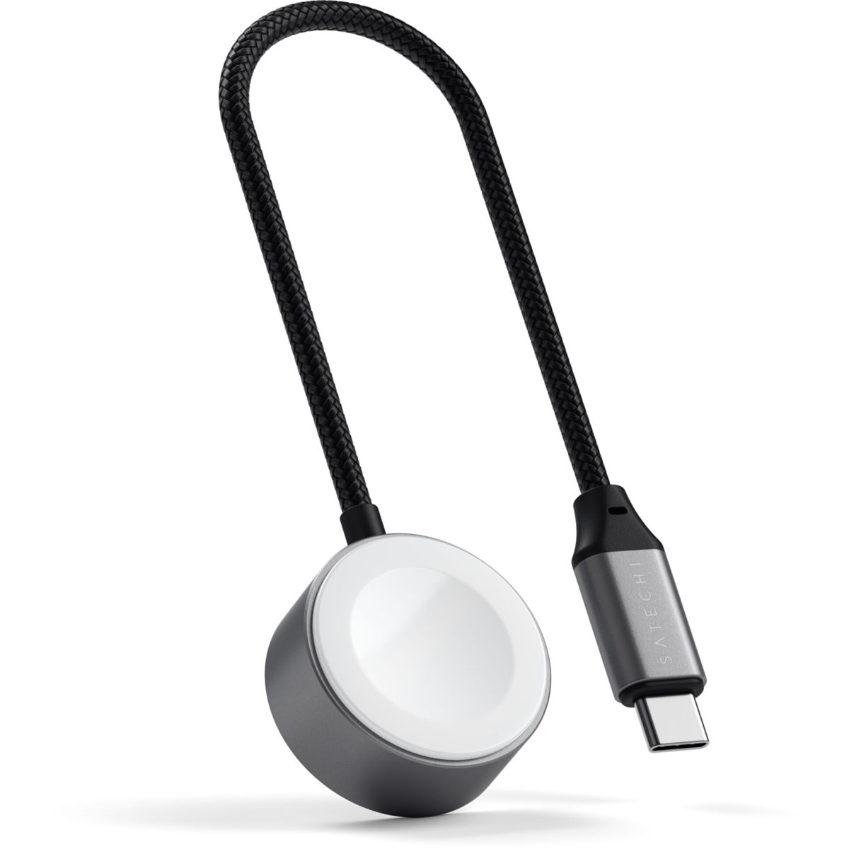 Un cavo di ricarica con base rotonda e connettore USB-C.