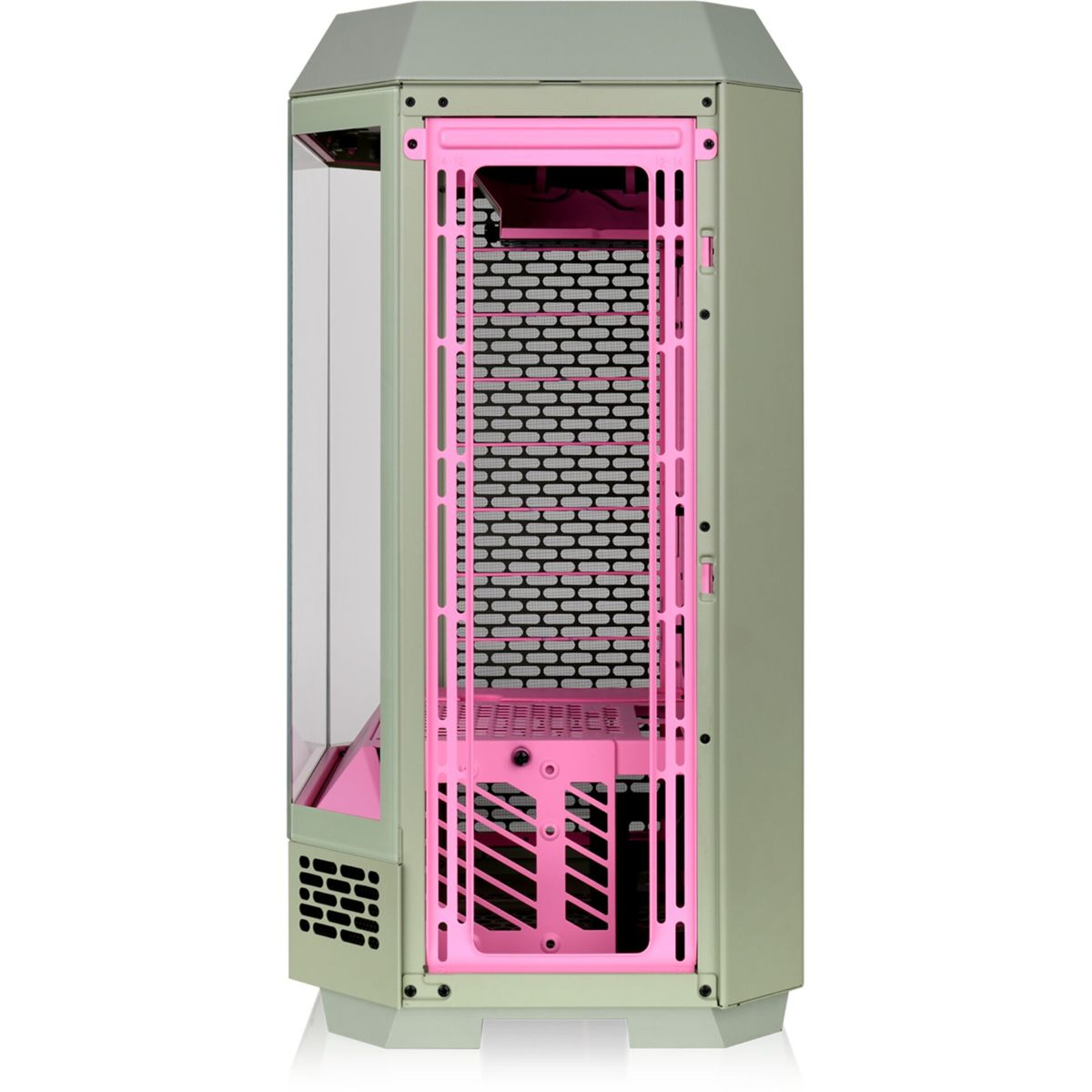 Vista frontale del case del computer. Grigio con interno rosa. Presenta ventilazione e pannelli in vetro.