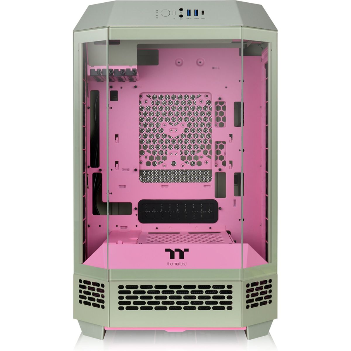 Vista frontale del case del computer. Grigio con interno rosa. Presenta ventilazione e pannelli in vetro.
