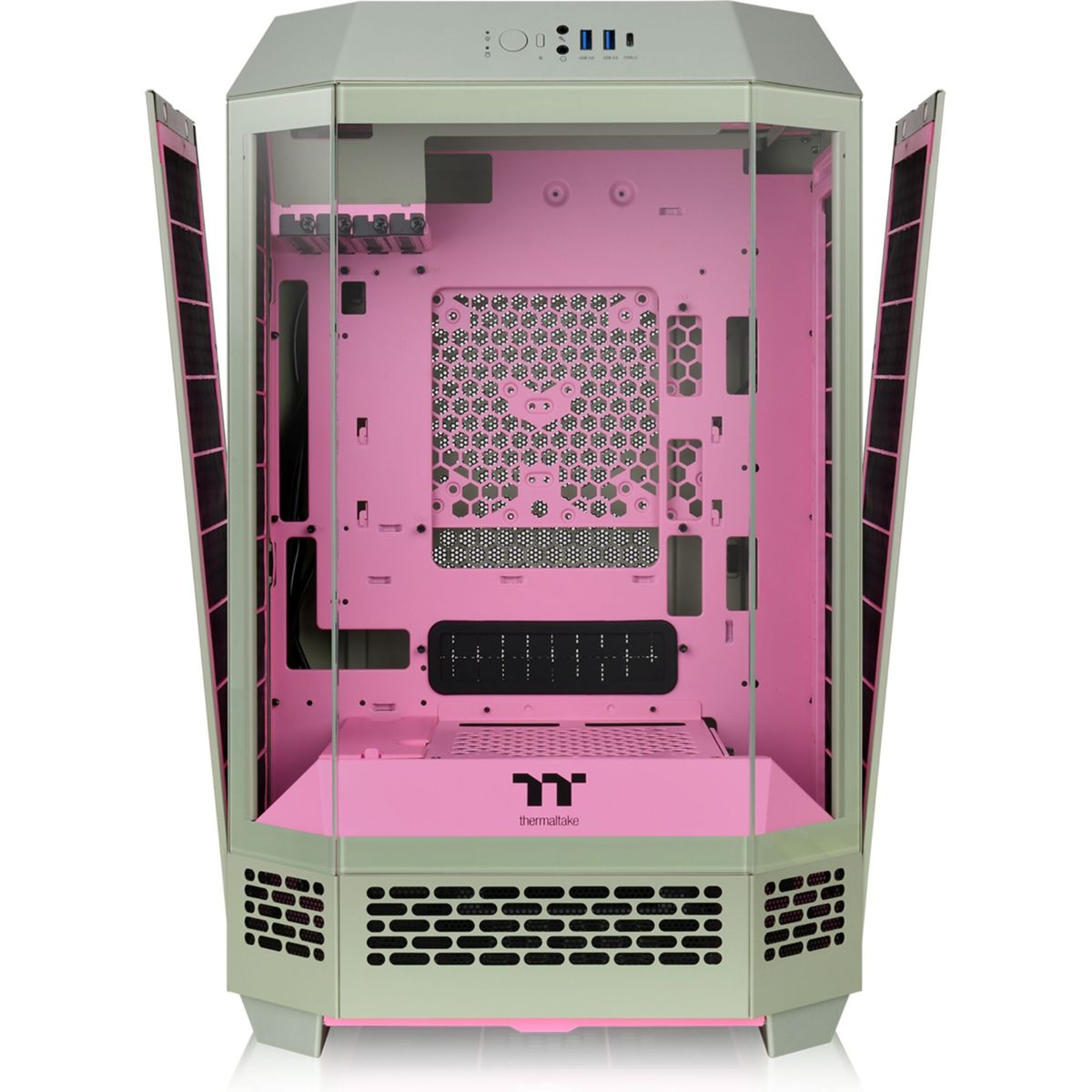 Interno rosa di un case per computer con porte in vetro aperte. Il telaio è verde chiaro. Il case ha il logo Thermaltake.
