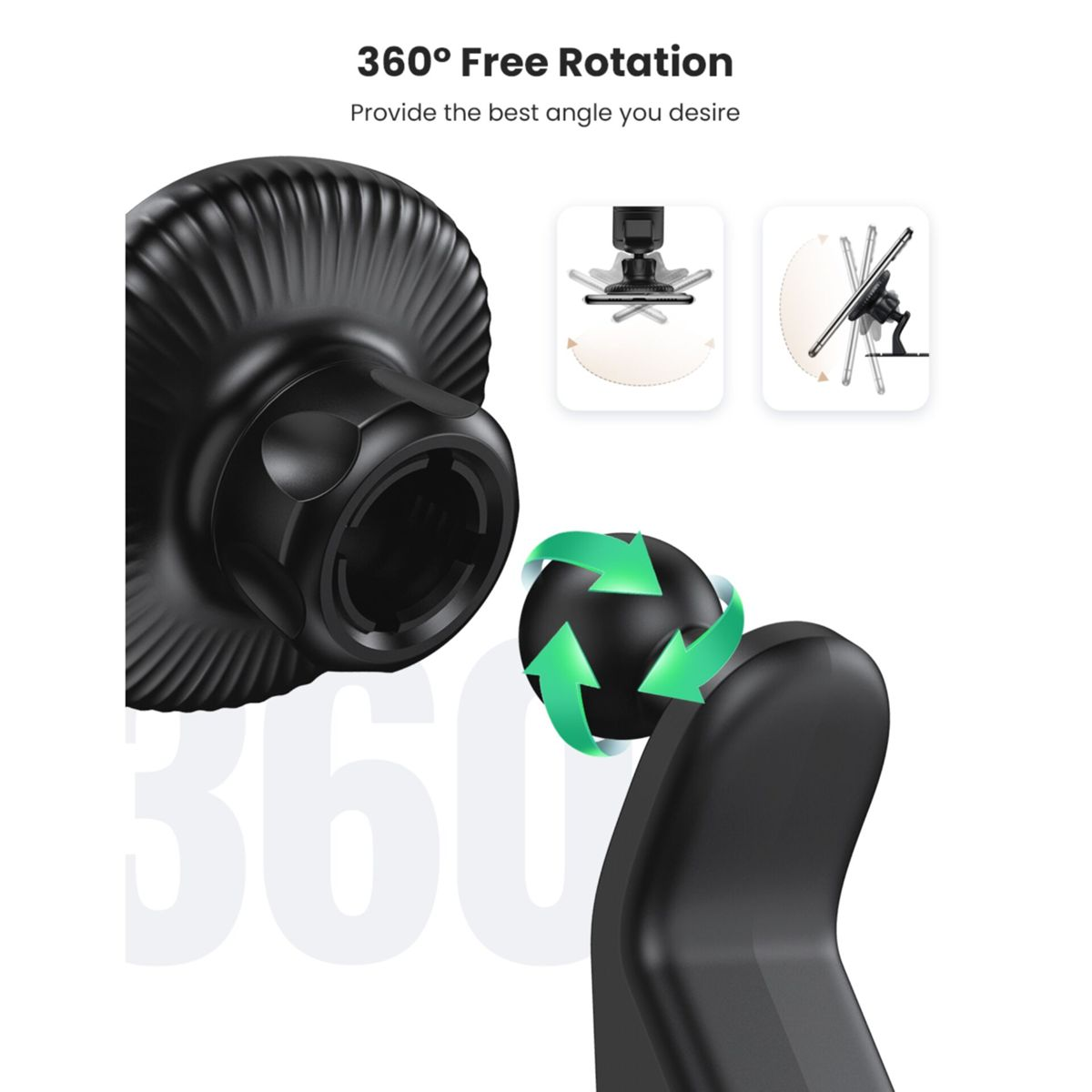 Zbliżenie uchwytu na telefon, pokazujące mechanizm obrotu 360 stopni. Zielone strzałki wskazują obrót.