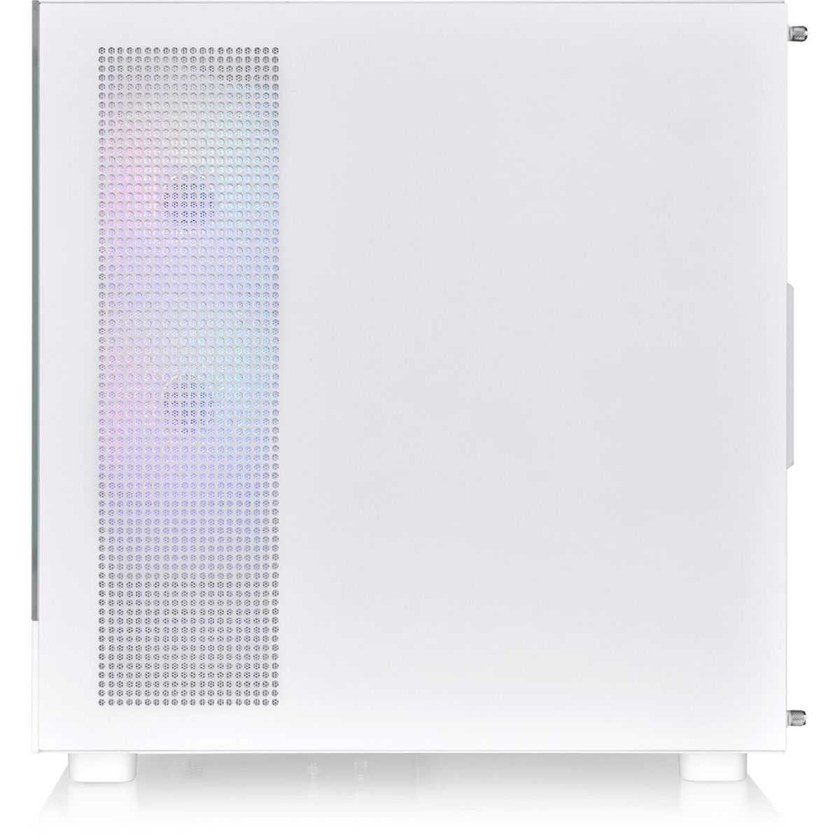 Vista frontale di un case per computer bianco. Ha un pannello laterale perforato con interno illuminato.