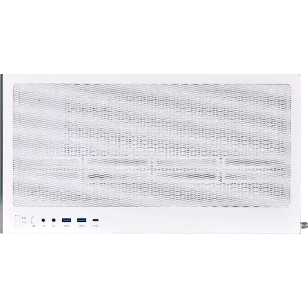 Parte frontale di un case per computer bianco con porte visibili.