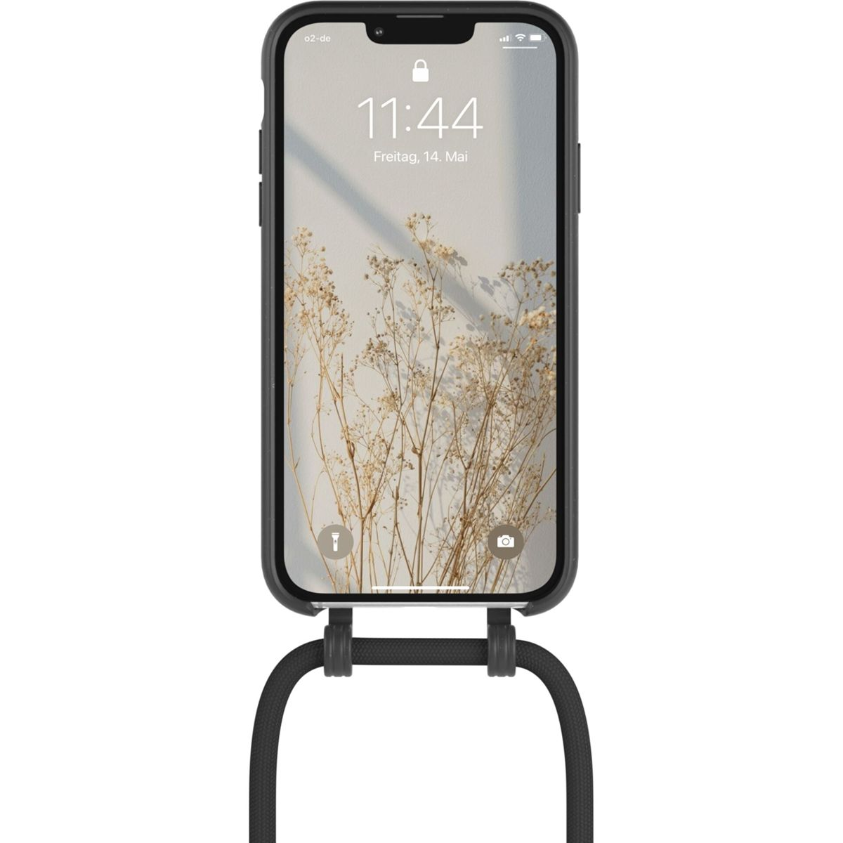 Ein Telefon mit Hülle und Riemen, das einen Bildschirm anzeigt.
