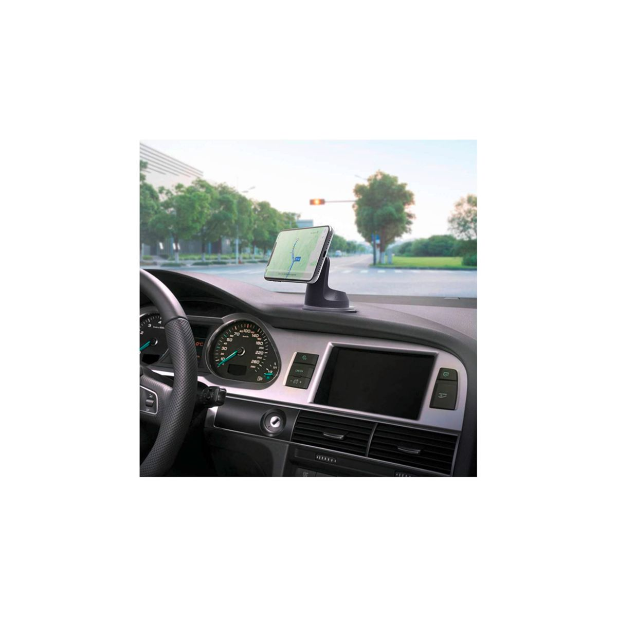 Ein Telefon, das im Auto montiert ist und eine Navigations-App anzeigt.