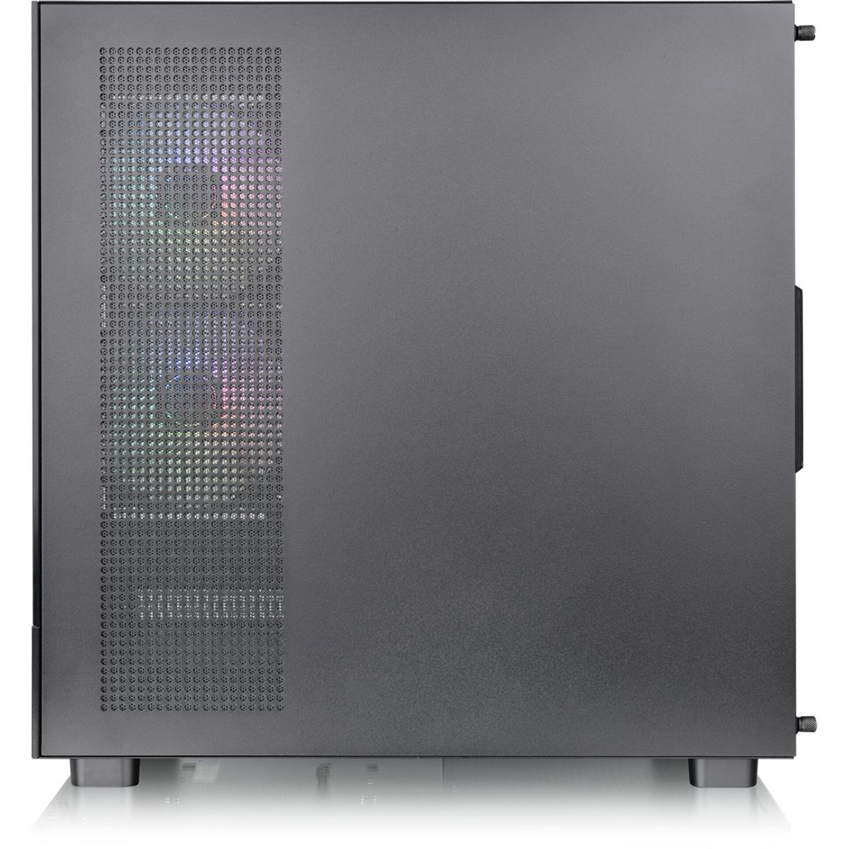Case per computer nero con lato in vetro. L'interno ha ventole con luci colorate.