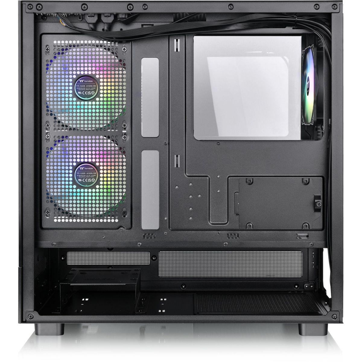 Interno del case per computer nero con ventole e componenti. Le ventole mostrano colori arcobaleno.