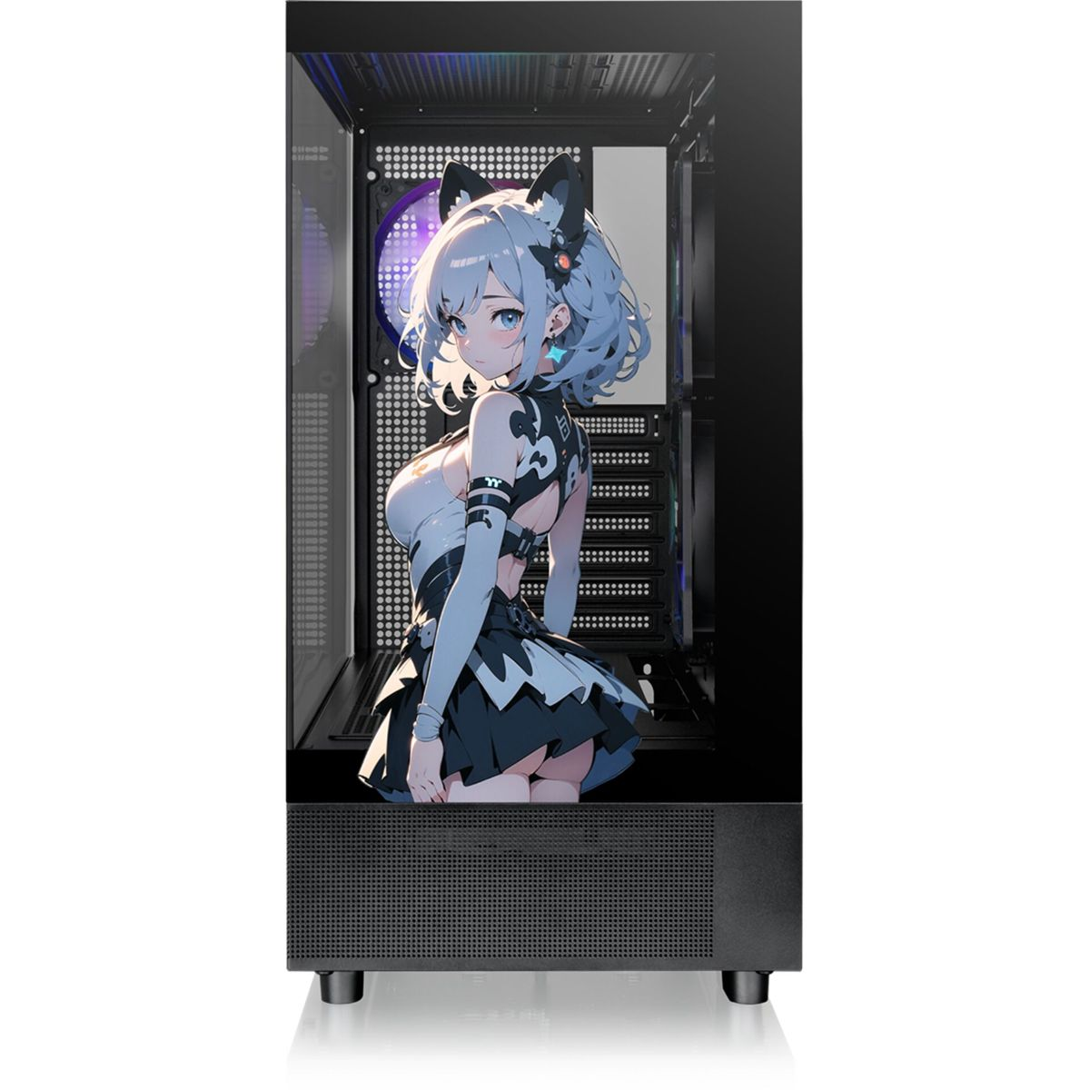 Case per computer nero con un'immagine di una ragazza anime all'interno. Il case ha un pannello di vetro.