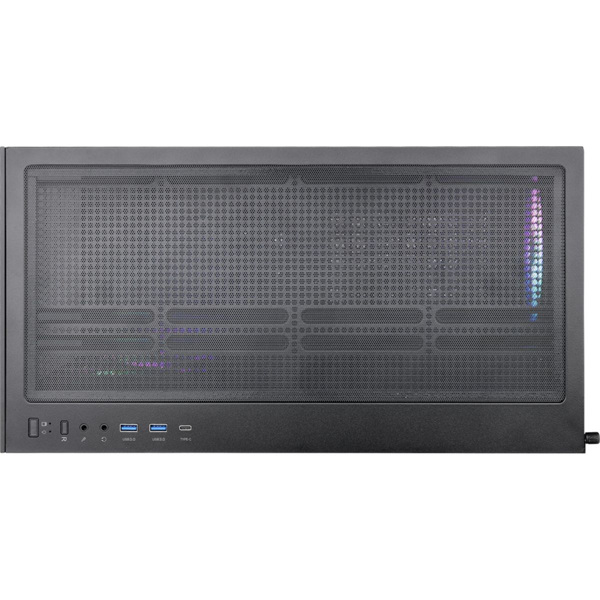 Un pannello frontale nero per computer con design perforato e alcune porte in basso.