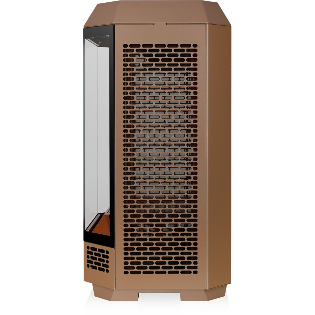 Un boîtier d'ordinateur bronze avec un panneau latéral en verre et une façade en métal perforé.