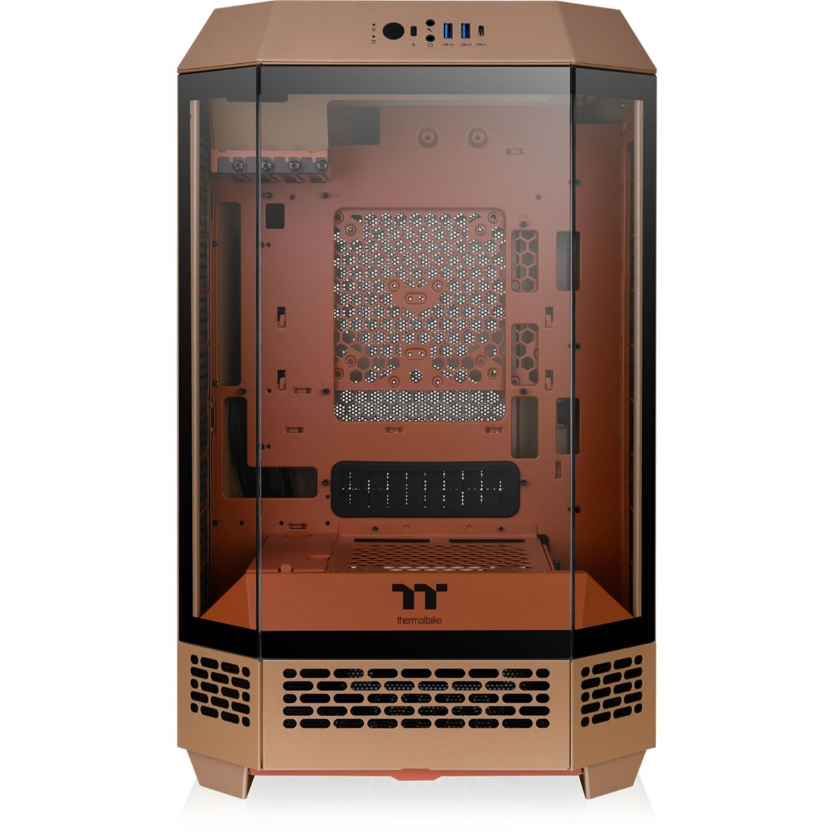 Un boîtier d'ordinateur avec des panneaux de verre montrant l'intérieur et un logo Thermaltake en bas.