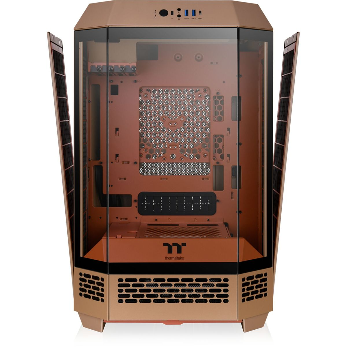 Boîtier d'ordinateur avec portes vitrées ouvertes, intérieur bronze et logo Thermaltake en bas.