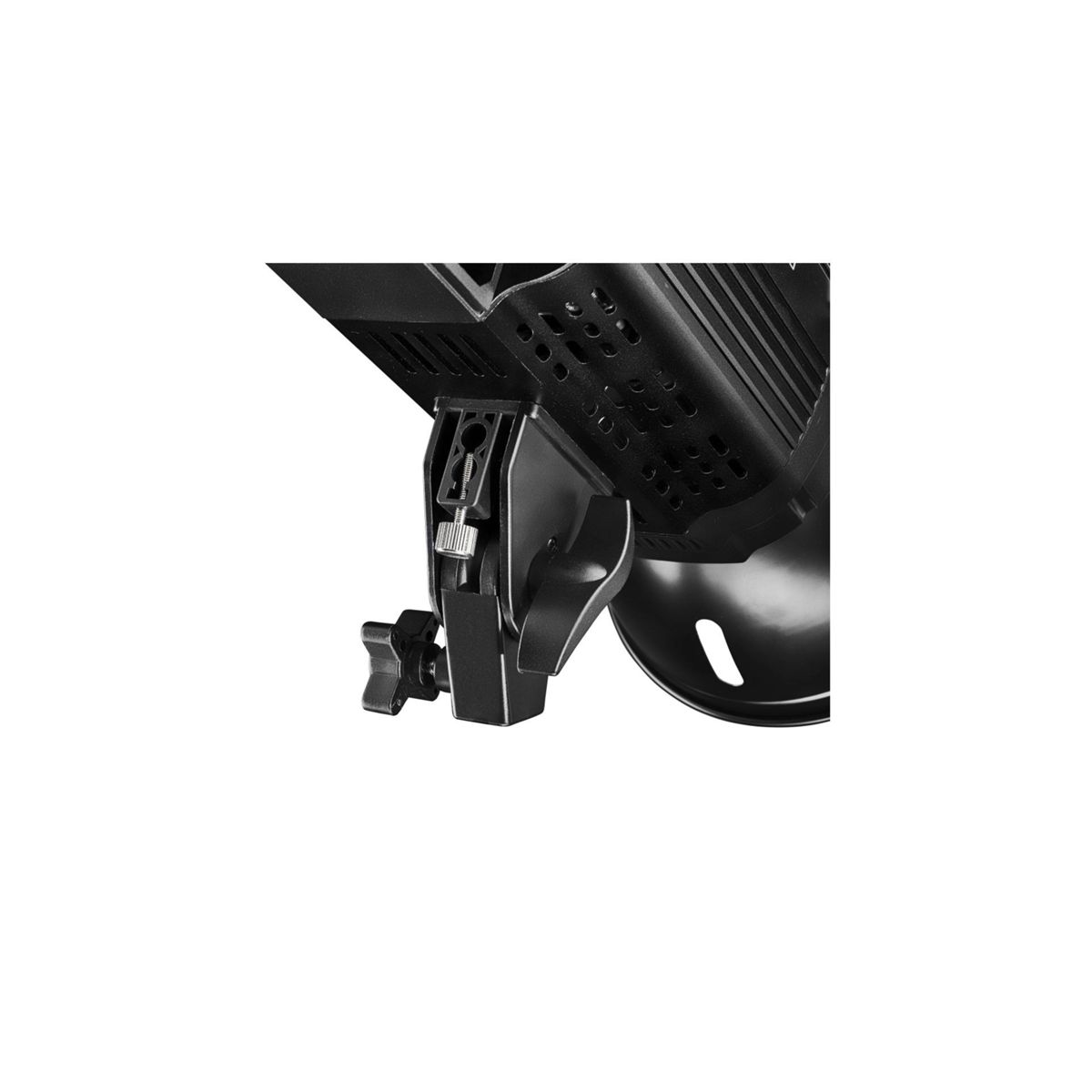 Dolna część czarnej lampy studyjnej z uchwytem montażowym i pokrętłami.