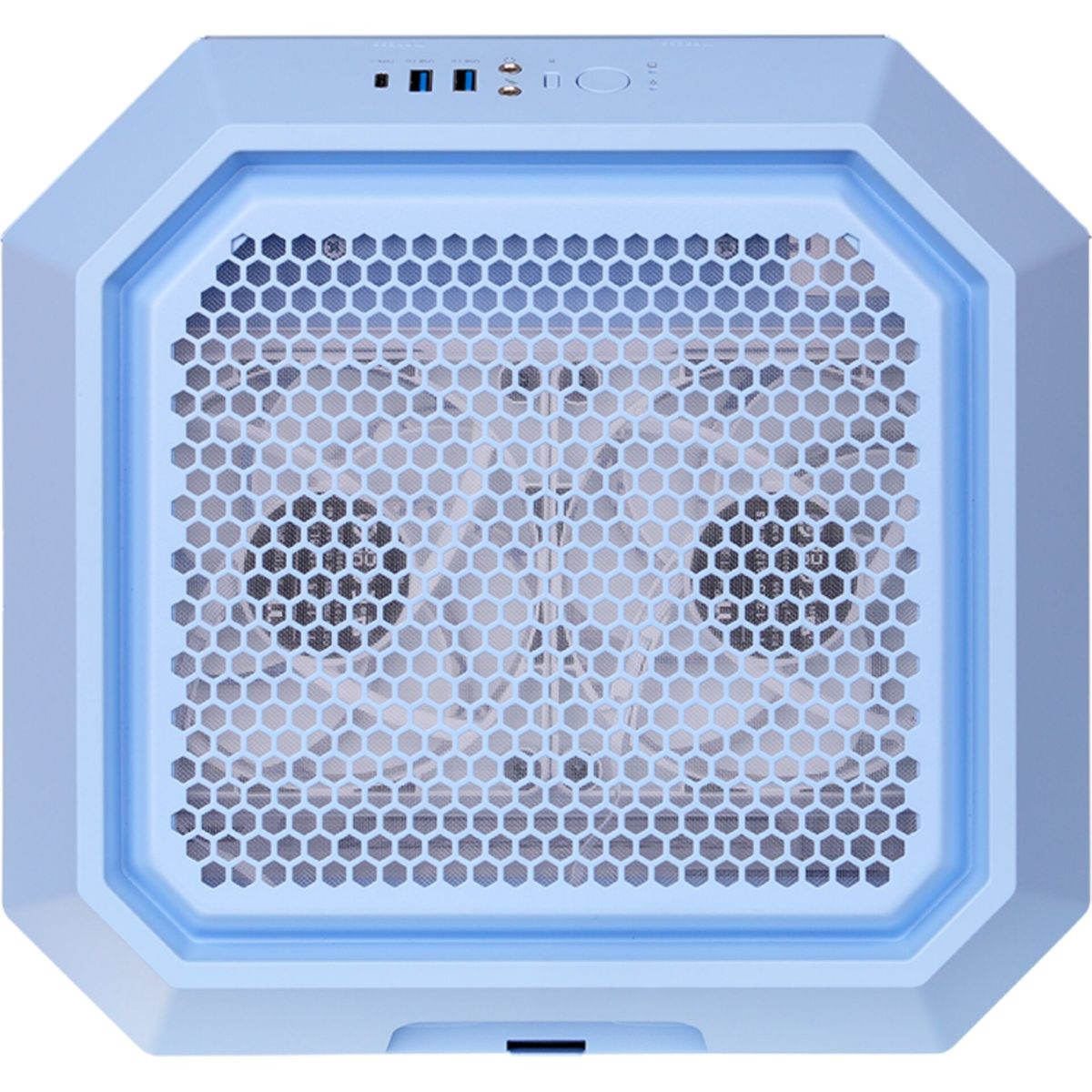 Un top case per computer blu con un design a nido d'ape e ventole visibili all'interno.