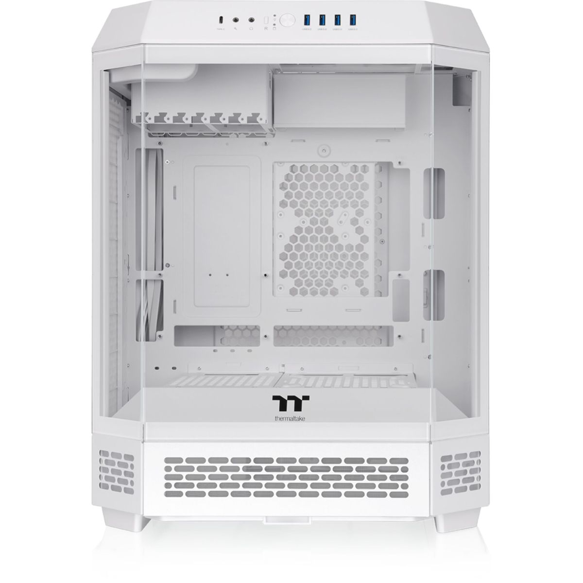 Un case per computer bianco vuoto, con pannelli in vetro per la visualizzazione dei componenti interni.