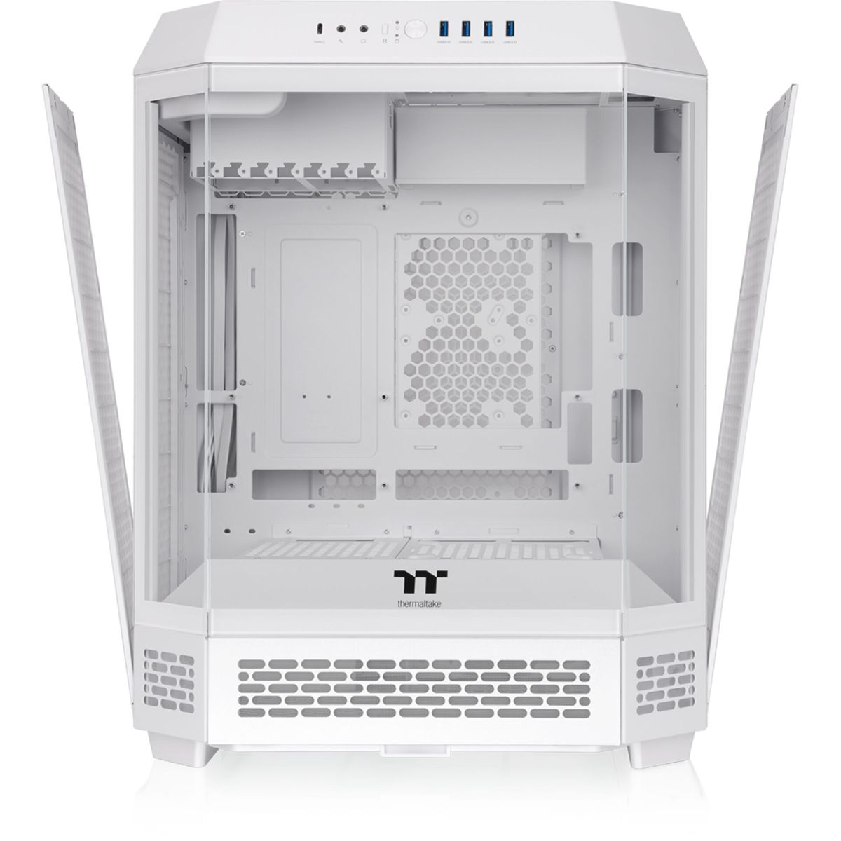 Un case per computer bianco con porte in vetro aperte, che mostra l'interno e il logo Thermaltake.
