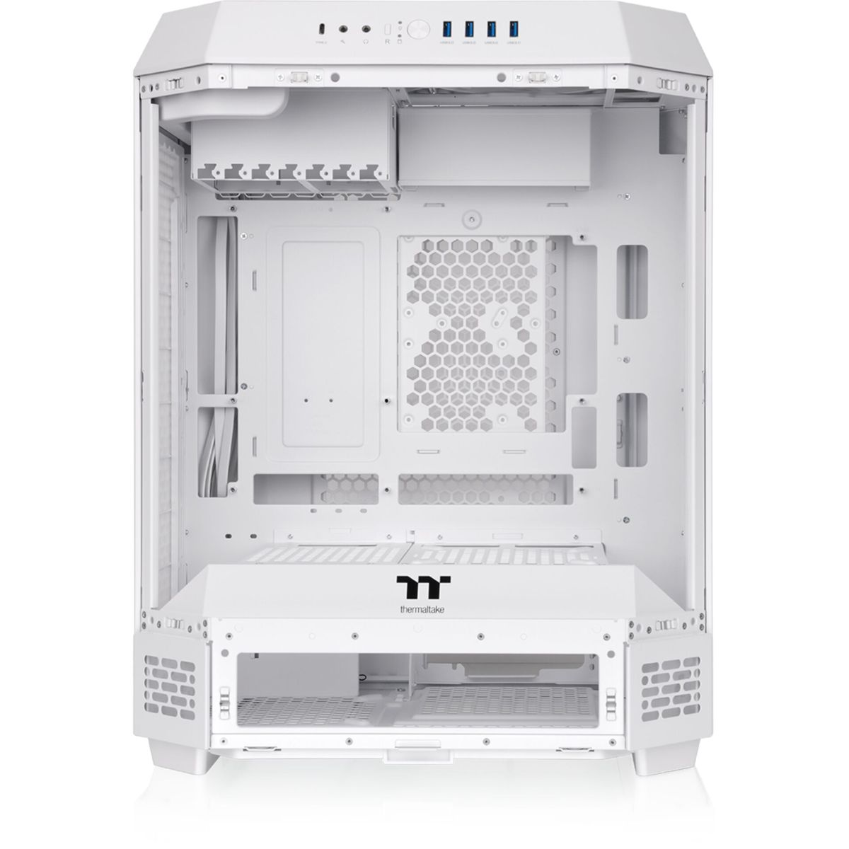 L'interno vuoto di un case per computer bianco, che mostra la struttura interna e i punti di montaggio dei componenti.