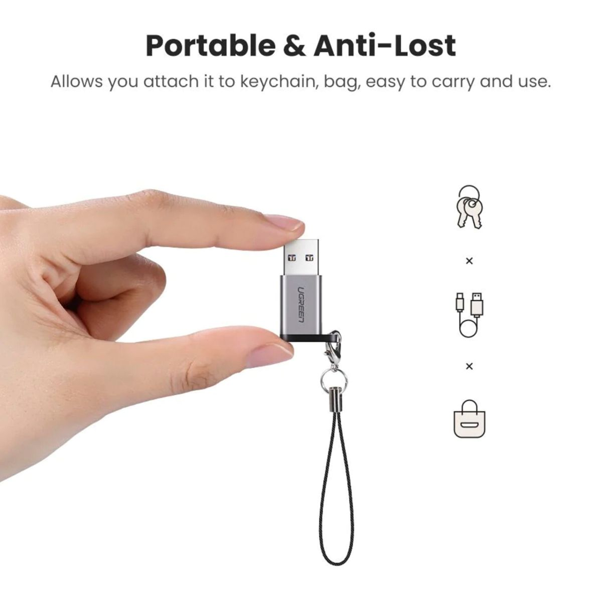 Una mano sosteniendo una pequeña unidad USB plateada. El texto dice 'Portátil y anti-pérdida'.