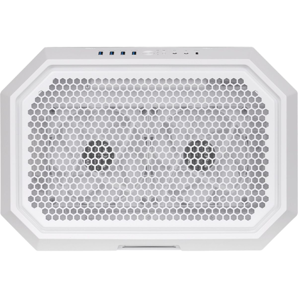 Una vista dall'alto della parte superiore di un case per computer bianco, con un design a nido d'ape e due aperture per ventole.