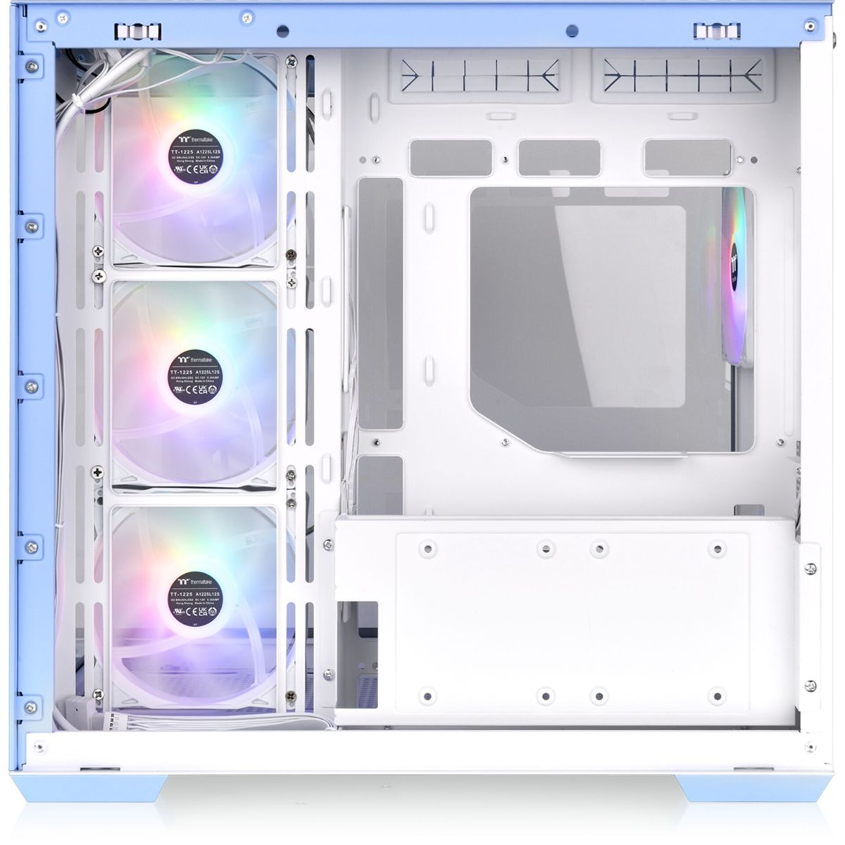 Case per computer aperto con ventole e componenti interni. Il case è azzurro.