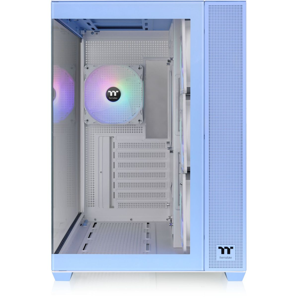 Case per PC azzurro con pannello laterale in vetro, che rivela i componenti interni e le ventole. Il case ha un design moderno.