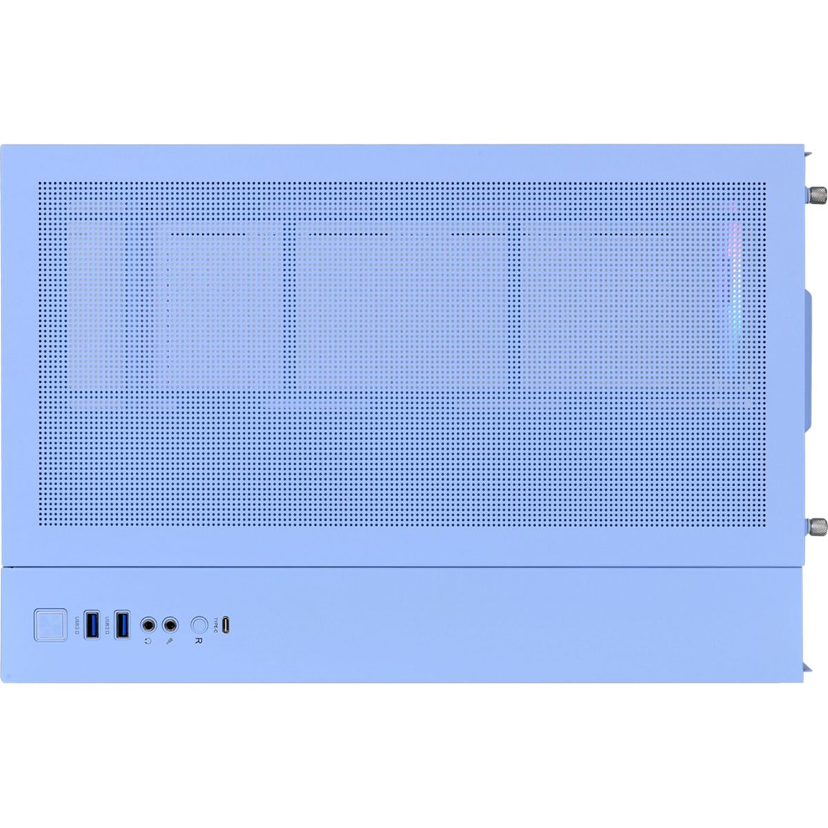 Vista dall'alto di un case per computer azzurro con fori di ventilazione e porte anteriori.