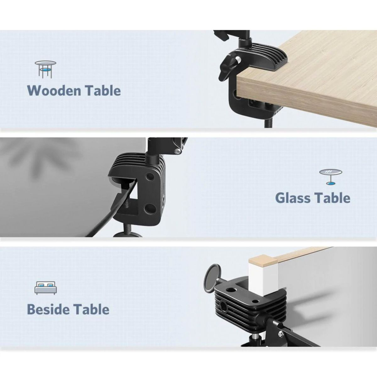 Zbliżenie zacisków do stołów. Istnieją przykłady stołów drewnianych, szklanych i nocnych.