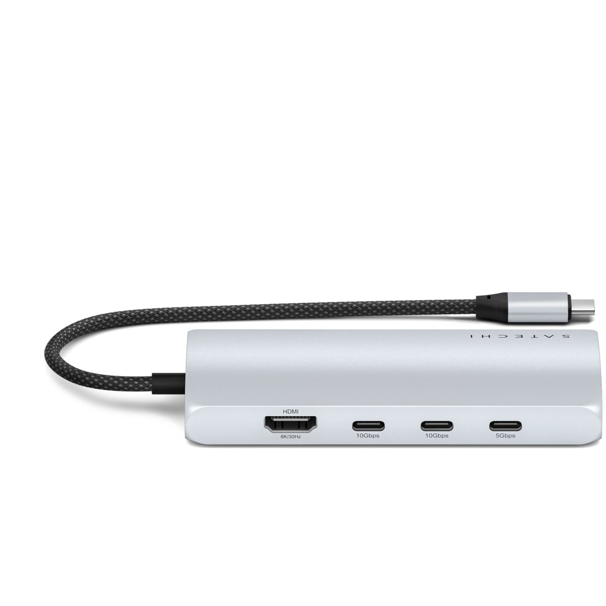 Srebrny hub z wieloma portami. Widoczne są porty HDMI, USB-C i USB.
