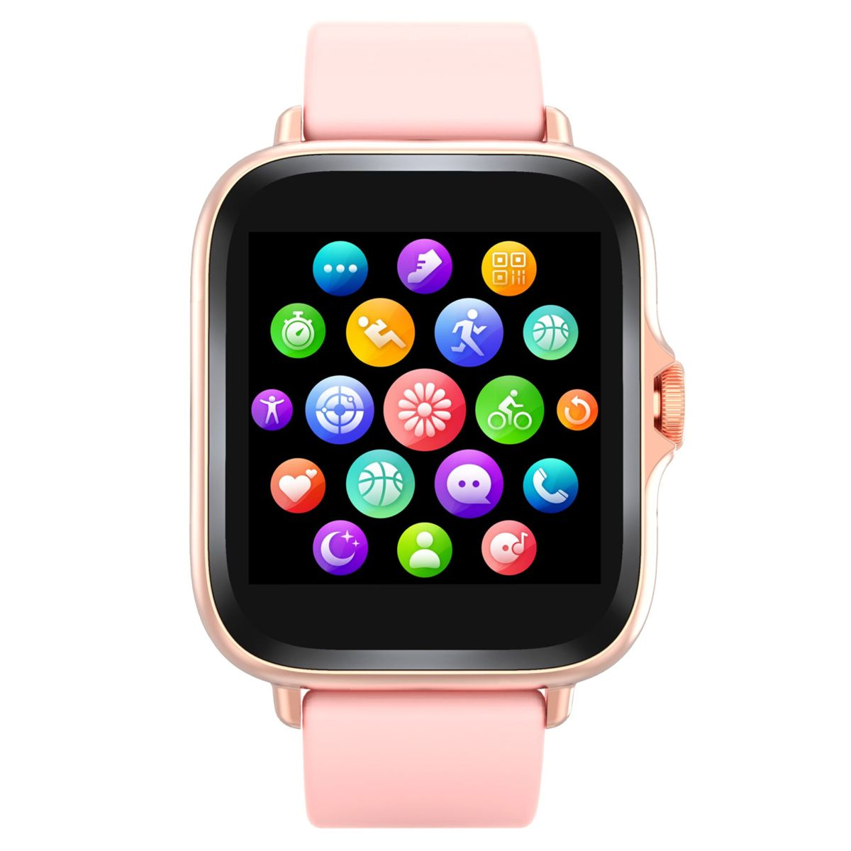A pink smartwatch with a black screen displaying various app icons. The watch has a pink strap.