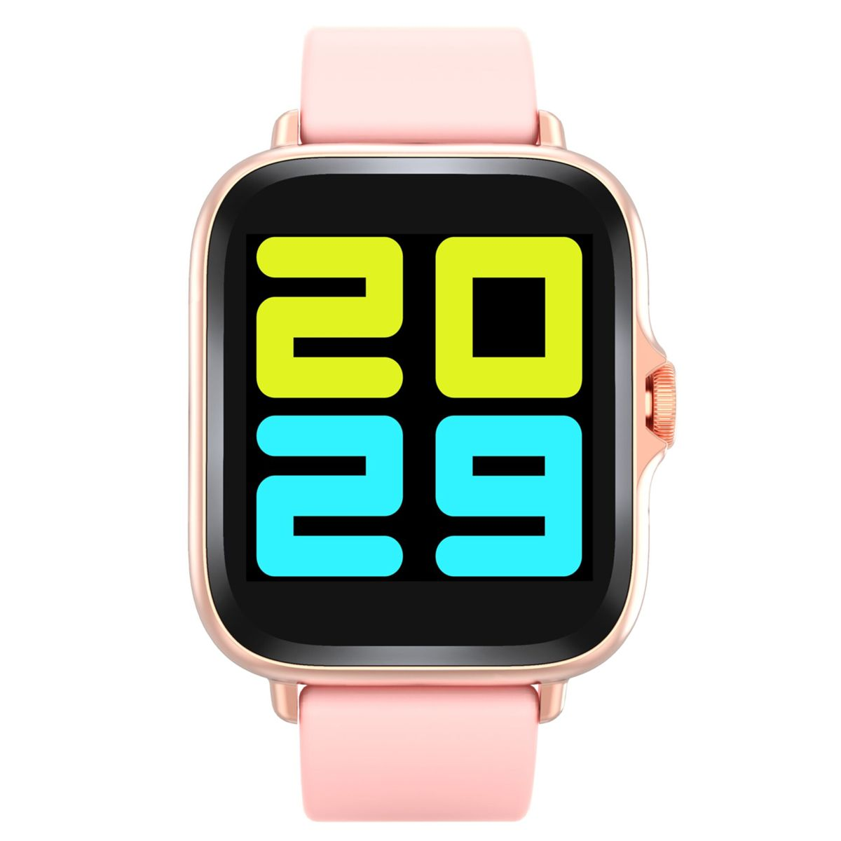 A pink smartwatch with a black screen displaying the numbers '20' and '29' in yellow and blue.