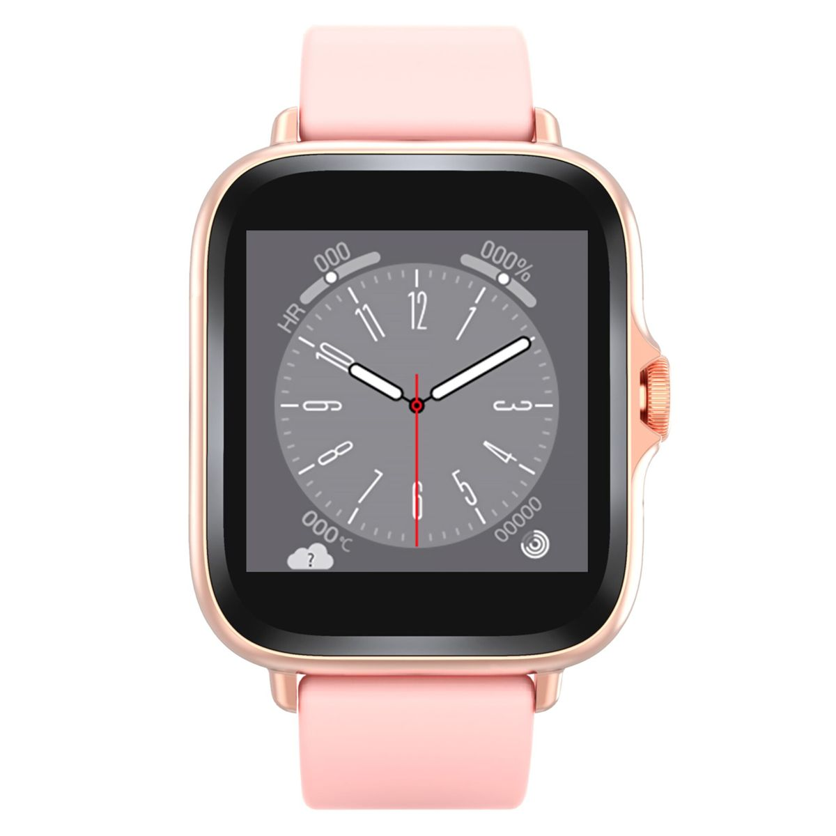 A rose gold smartwatch with a round watch face displaying time and health metrics. Pink strap attached.