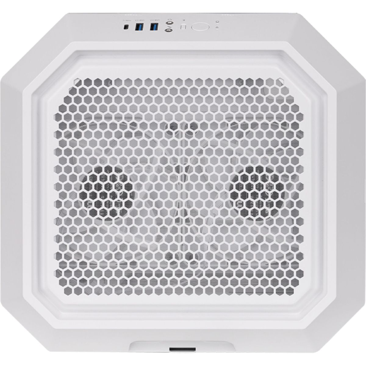 Un case per computer bianco con un top a rete esagonale. Ci sono ventole visibili all'interno.
