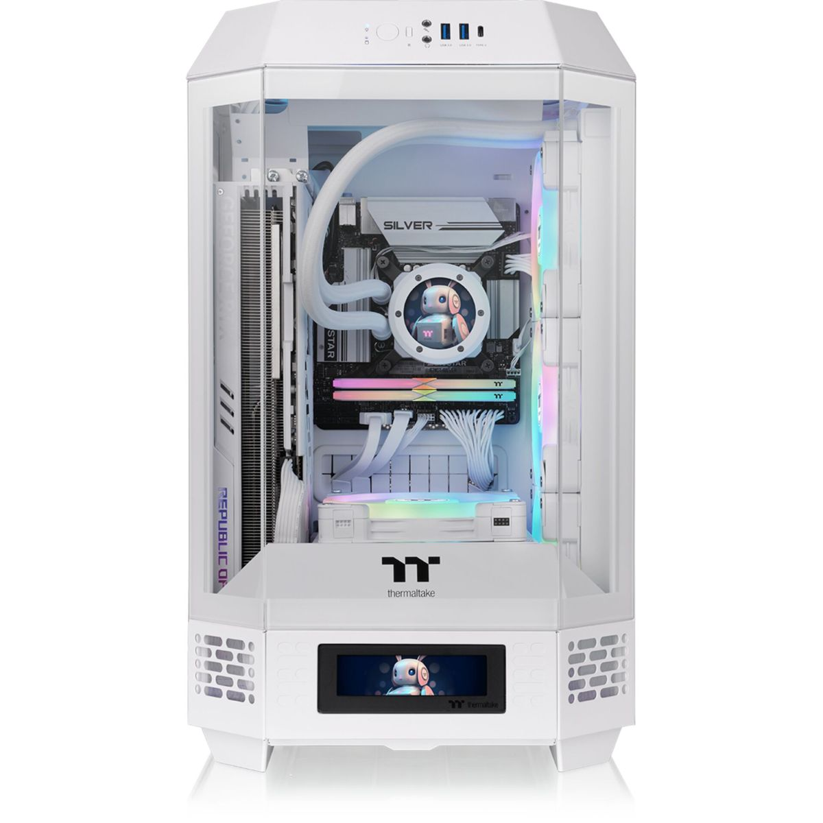 Un case per computer bianco con pannello laterale trasparente che mostra componenti interni e illuminazione.