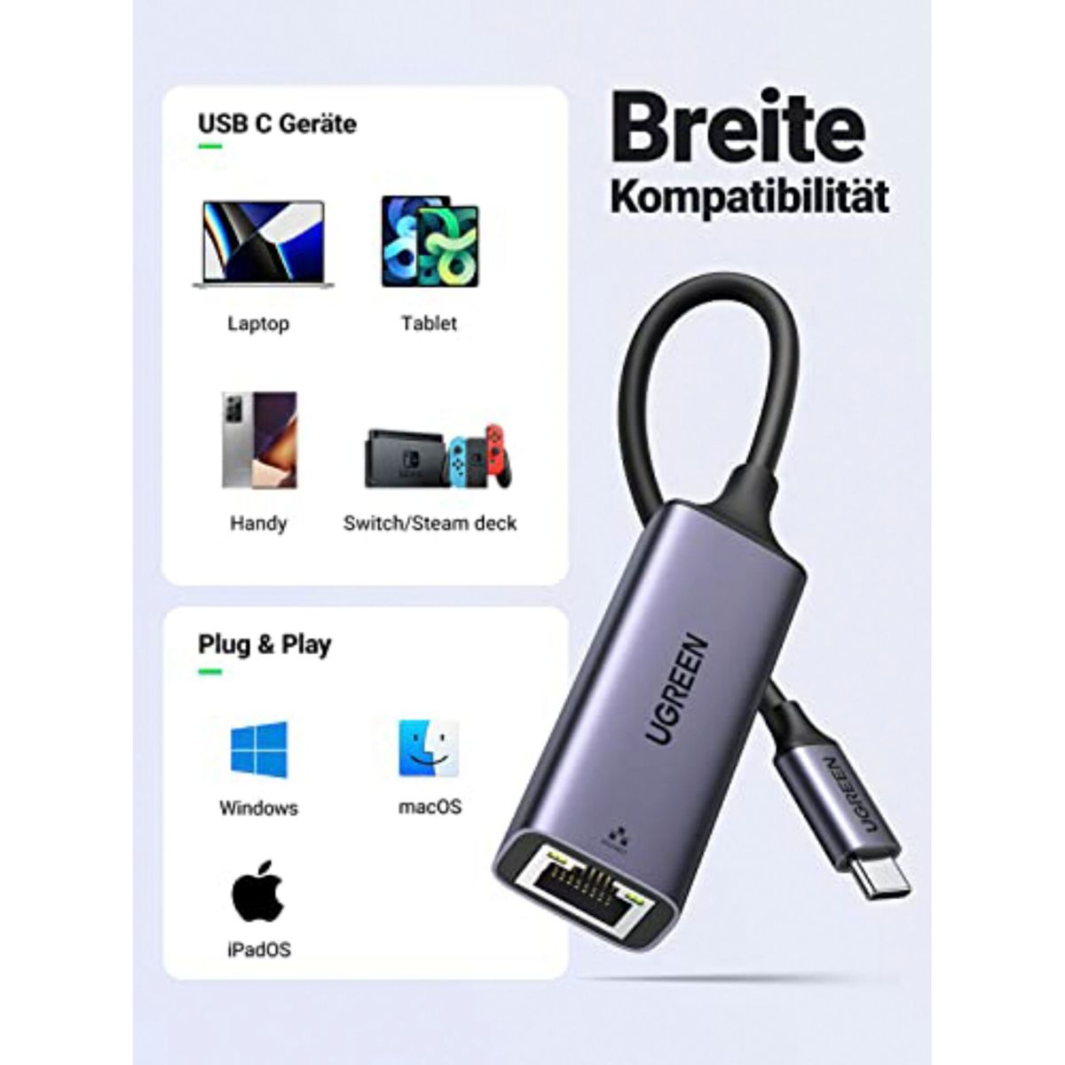 Un adaptador USB-C UGREEN gris con un puerto Ethernet. Muestra información de compatibilidad.