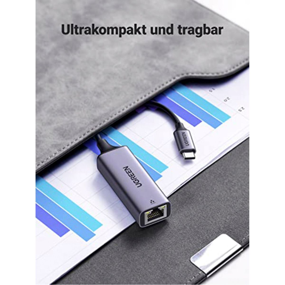 Un adaptador UGREEN USB-C a Ethernet está parcialmente en un maletín gris. El adaptador es gris oscuro.