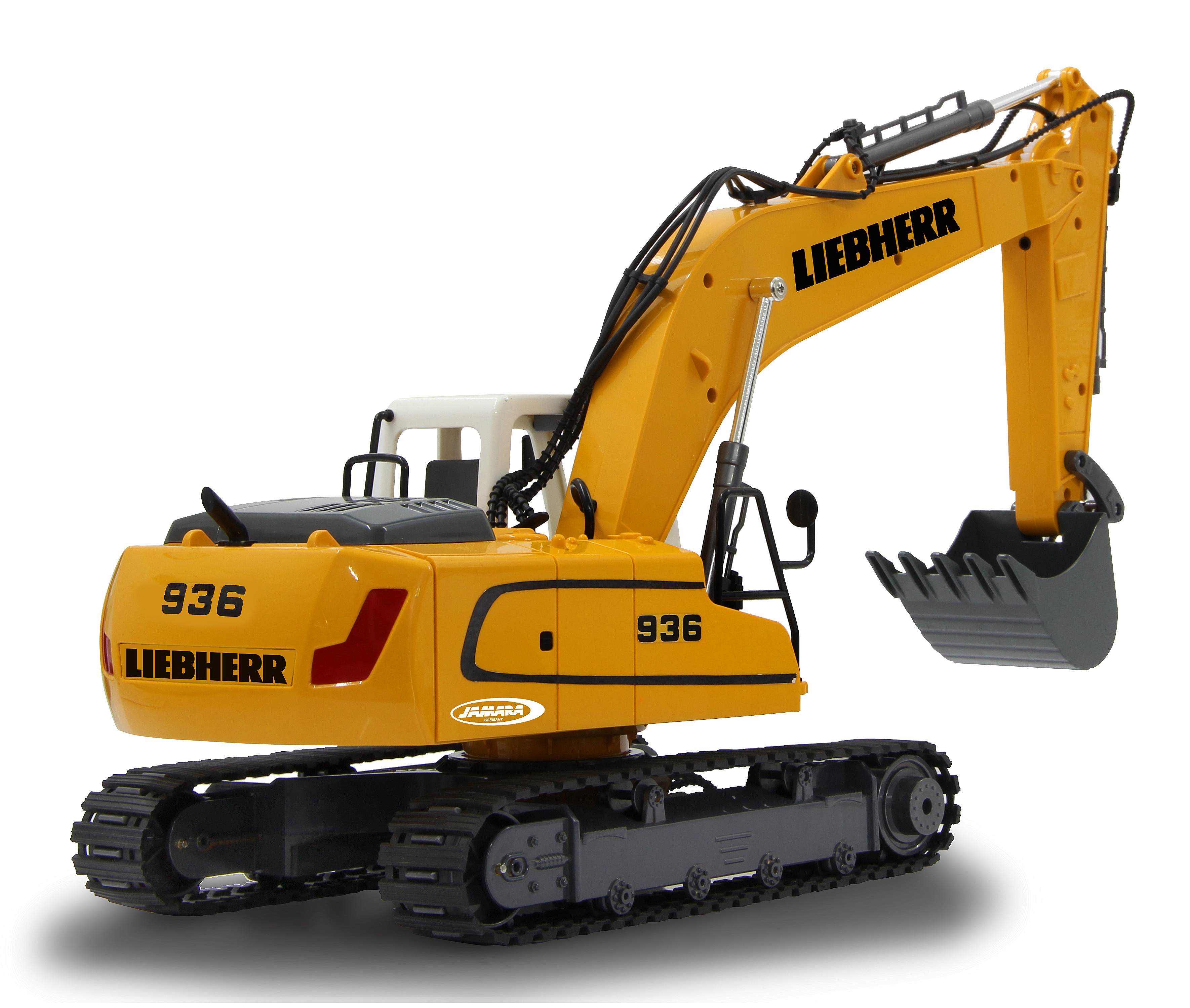 Ein gelber Spielzeugbagger mit schwarzen Ketten, der Arm ist ausgefahren. Mit dem Wort 'LIEBHERR'.