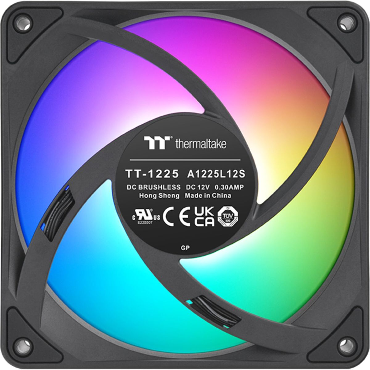 Ein schwarzer Computerlüfter mit mehrfarbiger Lichtanzeige. Der Lüfter hat das Thermaltake-Logo.