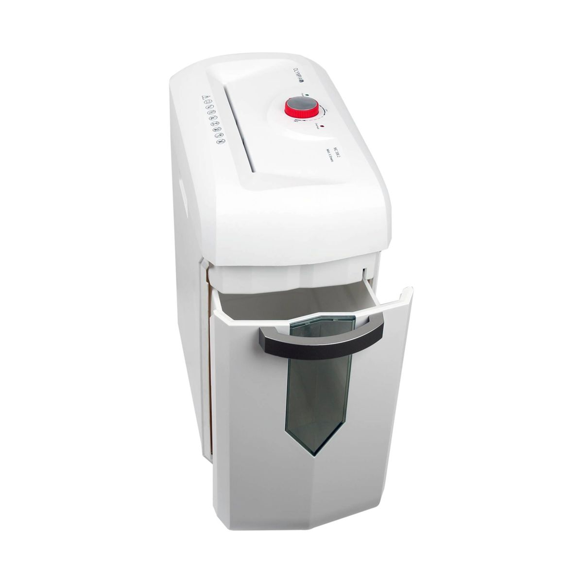 Biała niszczarka do papieru z czerwonym przyciskiem zasilania. Pojemnik niszczarki jest otwarty i widoczny.