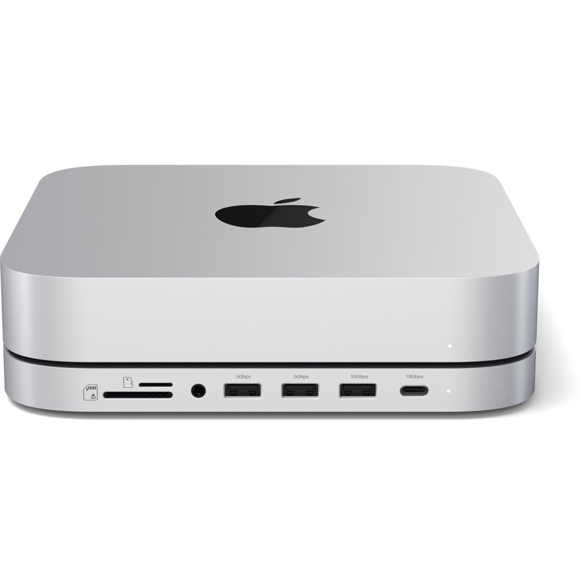 Silberner Apple-Computer mit Anschlüssen und einem USB-Laufwerk. Das Apple-Logo befindet sich oben.