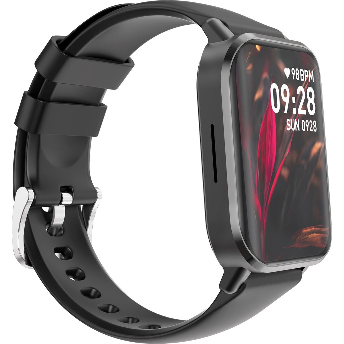 Black smartwatch with a black strap, displaying the time and heart rate.